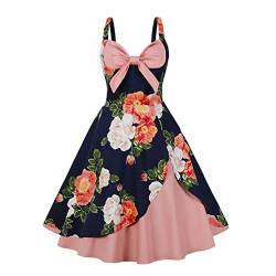 Frauen 50er Jahre Vintage Polka Dot Neckholder Cocktail Swing Kleid Knöpfe Floral 1950er Rockabilly Audrey Hepburn Abschlussball Tee Party Kleid, Rosa+Dunkelblau, Groß von IWEMEK