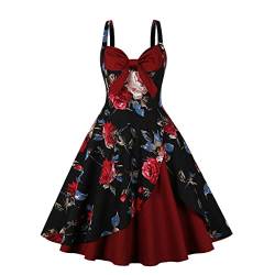 Frauen 50er Jahre Vintage Polka Dot Neckholder Cocktail Swing Kleid Knöpfe Floral 1950er Rockabilly Audrey Hepburn Abschlussball Tee Party Kleid, Schwarz-Burgunderrot, X-Groß von IWEMEK