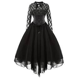 Frauen Steampunk Gothic Kleid mit Korsett Halfter Floral Spitze Cocktail Swing Kleid Taschentuch Saum Halloween Punk Hippie Kleid, Schwarzes Langarmshirt, Mittel von IWEMEK