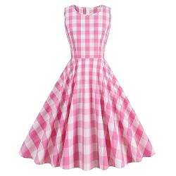 Frauen Vintage 1950er Rosa Gingham Kleid Spaghettiträger Pinup Kleider 50er Jahre Kostüm Cosplay Party Halloween Rockabilly Kleid, pinkes Karomuster, Mittel von IWEMEK