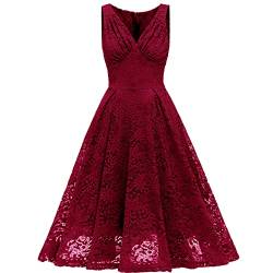 Frauen Vintage Neckholder Floral Spitze Hi-Lo Rückenfrei Brautjungfer Kleid A-Linie Kurz Prom Retro Cocktail Formal Swing Kleid, Weinrot-V-Ausschnitt, Mittel von IWEMEK