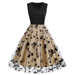 IWEMEK 1950 Kleider Damen Vintage Stickerei Blumen Schmetterling Rockabilly Swing Ärmellos V-Ausschnitt A-Linie Hepburn Stil Cocktailkleid Hochzeit Abendkleid Tee Partykleid Beige Blumen S von IWEMEK