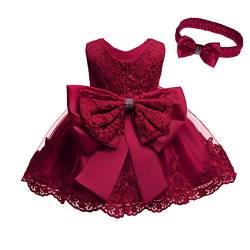 IWEMEK Baby Kinder Mädchen Bestickt Tüll Bowknot Spitze Kleid Blume Prinzessin Geburtstag Party Hochzeit Festlichkleid Taufkleid Formale Festzug Babykleidung Outfits Mit Stirnband Burgund 2-3 Jahre von IWEMEK