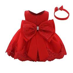 IWEMEK Baby Kinder Mädchen Bestickt Tüll Bowknot Spitze Kleid Blume Prinzessin Geburtstag Party Hochzeit Festlichkleid Taufkleid Formale Festzug Babykleidung Outfits Mit Stirnband Rot 2-3 Jahre von IWEMEK