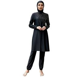 IWEMEK Burkini Damen Muslim Ganzkörper Badeanzüge Langarm Schwimmkleid + Bade Leggings Schwimmhose + Hijab 3tlg Sonnenschutz Bademode Islamische Schwimmanzug Arabisch Badebekleidung Schwarz 07 M von IWEMEK