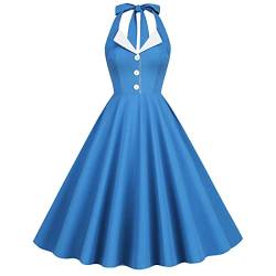 IWEMEK Damen 1950er Jahre Kleid Retro 50er 60er Neckholder Vintage Abendkleid Rockabilly Hochzeitskleid Elegant Knielang Swing Cocktailkleid Festlich A-Linie Tee Partykleid #C: Blau XXL von IWEMEK