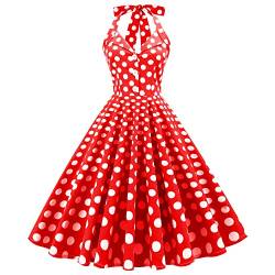 IWEMEK Damen 1950er Jahre Kleid Retro 50er 60er Neckholder Vintage Abendkleid Rockabilly Hochzeitskleid Elegant Knielang Swing Cocktailkleid Festlich A-Linie Tee Partykleid #C: Rot Groß Tupfen M von IWEMEK