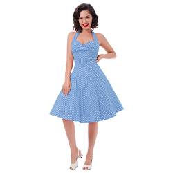 IWEMEK Damen 1950er Jahre Kleid Retro 50er 60er Neckholder Vintage Abendkleid Rockabilly Hochzeitskleid Elegant Knielang Swing Cocktailkleid Festlich A-Linie Tee Partykleid #D: Blau Tupfen L von IWEMEK