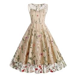 IWEMEK Damen 1950er Vintage Blumen Stickerei Tüllkleid Retro 50er 60er Jahre Rockabilly Swing A-Linie Cocktail Hochzeit Brautjungfer Party Abendkleid Ballkleid #A: Aprikose Ärmellos M von IWEMEK