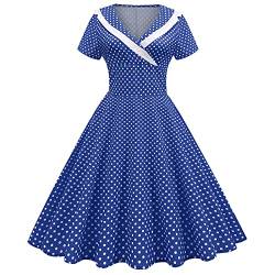 IWEMEK Damen 1950er Vintage Retro Rockabilly Kleid Revers VAusschnitt Slim ALinie 50er 60er Pinup Audrey Hepburn Stil Polka Dot Swing Kleider Sommer Casual Festzug Party Cocktail Abendkleid blau XXL von IWEMEK