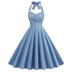 IWEMEK Damen 50er Jahre Vintage Polka Dot Neckholder Cocktail Swing Kleid Knöpfe Floral 1950er Rockabilly Audrey Hepburn Abschlussball Tee Party Kleid, Hellblau-gerafft, XX-Large von IWEMEK