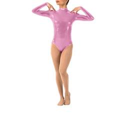 IWEMEK Damen Ballettanzug Glänzende Langarm Body Wetlook Danz Ballett Trikot Gymnastikanzug Turnanzug Metallic Einteiler Lack Leder Bodysuit Overall Leotard Top Kostüme Rosa M von IWEMEK