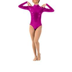 IWEMEK Damen Ballettanzug Glänzende Langarm Body Wetlook Danz Ballett Trikot Gymnastikanzug Turnanzug Metallic Einteiler Lack Leder Bodysuit Overall Leotard Top Kostüme Rose 2XL von IWEMEK