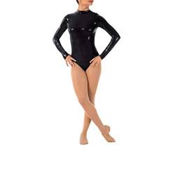 IWEMEK Damen Ballettanzug Glänzende Langarm Body Wetlook Danz Ballett Trikot Gymnastikanzug Turnanzug Metallic Einteiler Lack Leder Bodysuit Overall Leotard Top Kostüme Schwarz L von IWEMEK