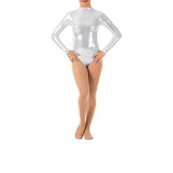 IWEMEK Damen Ballettanzug Glänzende Langarm Body Wetlook Danz Ballett Trikot Gymnastikanzug Turnanzug Metallic Einteiler Lack Leder Bodysuit Overall Leotard Top Kostüme Silber 2XL von IWEMEK