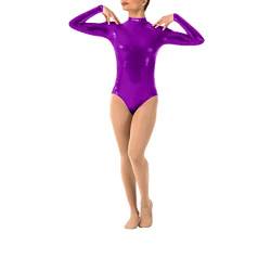 IWEMEK Damen Ballettanzug Glänzende Langarm Body Wetlook Danz Ballett Trikot Gymnastikanzug Turnanzug Metallic Einteiler Lack Leder Bodysuit Overall Leotard Top Kostüme Violett 2XL von IWEMEK