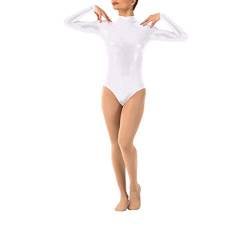 IWEMEK Damen Ballettanzug Glänzende Langarm Body Wetlook Danz Ballett Trikot Gymnastikanzug Turnanzug Metallic Einteiler Lack Leder Bodysuit Overall Leotard Top Kostüme Weiß XS von IWEMEK