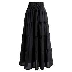 IWEMEK Damen Boho Elastische Taille A-Linie Rüschen Strand Cabrio Maxirock Kleid Müde Plissee Kordelzug Chiffon Lange Röcke, Schwarz, XX-Large von IWEMEK