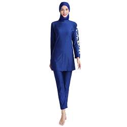 IWEMEK Damen Ganzkörper Burkini Badeanzüge Bescheidene Muslimische Bademode Solide Langarm Schwimmen Top + Hose + Hijab 3tlg Islamischer Badeanzug Arabisch Beachwear Königsblau Blumen M von IWEMEK