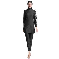 IWEMEK Damen Ganzkörper Burkini Badeanzüge Bescheidene Muslimische Bademode Solide Langarm Schwimmen Top + Hose + Hijab 3tlg Islamischer Badeanzug Arabisch Beachwear Schwarz Blumen S von IWEMEK