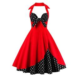 IWEMEK Damen Halter Vintage 1950er Rockabilly Retro Kleider Elegantes 50er Pinup Hepburn-Stil Swing Neckholder Knielang Abendekleider Partykleider Cocktailkleider Faltenrock # Rot Polka Dots XXL von IWEMEK