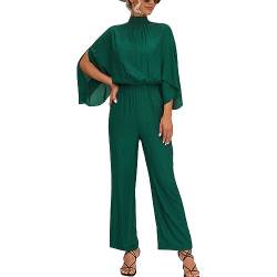 IWEMEK Damen Lang Jumpsuit Weitem Bein Overall Hose Mock Hals Schlitz 3/4 Fledermausärmel Elastische Taille Schlüsselloch Rücken Strampler Festlich Party Hochzeit Einteiler Grün XL von IWEMEK