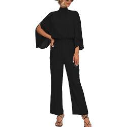 IWEMEK Damen Lang Jumpsuit Weitem Bein Overall Hose Mock Hals Schlitz 3/4 Fledermausärmel Elastische Taille Schlüsselloch Rücken Strampler Festlich Party Hochzeit Einteiler Schwarz S von IWEMEK