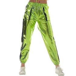 IWEMEK Damen Metallic Glänzend Wetlook Trainingsanzug 80er Hip Hop Rave Festival Outfits Holografisch Kurzarm Crop Top + Jogginghose Laser Jogginganzug Party Disco Tanz Clubwear #C: Grün XXL von IWEMEK