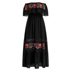 IWEMEK Damen Mexikanisches Kleid Rüsche Schulterfrei Blumen Bestickt Langes Maxikleid Sommer Strand Freizeitkleid Cinco de Mayo Festkleid Halloween Karneval Festzug Party Kleider Schwarz M von IWEMEK