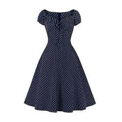 IWEMEK Damen Vintage Retro Polka Dots Rockabilly Swing Kleid 1950er Jahre Pinup Audrey Hepburn Stil 50er 60er Schatzausschnitt A-Linie Sommer Freizeit Party Abendkleid Cocktailkleid Navy Blau L von IWEMEK