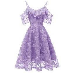 IWEMEK Damen Vintage Spitzenkleid Kalte Schulter Spaghettiträger Ärmellos V-Ausschnitt Rückenfreie A-Linie Swing Kleider Hochzeit Brautkleider Cocktailkleid Party Abendkleid Violet S von IWEMEK