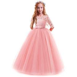 IWEMEK Elegant Brautjungfer Kleider für Mädchen Blumenmädchen Hochzeitskleid 3/4 Arm Spitzenkleid Tüllkleid Prinzessin Festzug Erste Kommunionskleider Weihnachten Karneval Abendkleid Partykleid 11-12 von IWEMEK