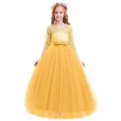 IWEMEK Elegant Brautjungfer Kleider für Mädchen Blumenmädchen Hochzeitskleid 3/4 Arm Spitzenkleid Tüllkleid Prinzessin Festzug Erste Kommunionskleider Weihnachten Karneval Abendkleid Partykleid 3-4 von IWEMEK