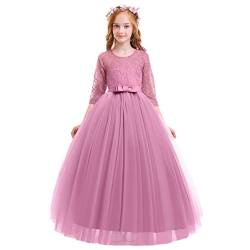 IWEMEK Elegant Brautjungfer Kleider für Mädchen Blumenmädchen Hochzeitskleid 3/4 Arm Spitzenkleid Tüllkleid Prinzessin Festzug Erste Kommunionskleider Weihnachten Karneval Abendkleid Partykleid 5-6 von IWEMEK