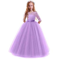 IWEMEK Elegant Brautjungfer Kleider für Mädchen Blumenmädchen Hochzeitskleid 3/4 Arm Spitzenkleid Tüllkleid Prinzessin Festzug Erste Kommunionskleider Weihnachten Karneval Abendkleid Partykleid 5-6 von IWEMEK