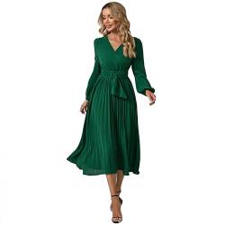 IWEMEK Elegante Damen Langarm Wickel V-Ausschnitt Plissiert A-Linie Maxikleider mit Gürtel Frühling Herbst Winter Freizeit Party Cocktail Hochzeit Gast Homecoming Abendkleid Grün M von IWEMEK