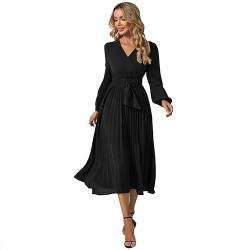 IWEMEK Elegante Damen Langarm Wickel V-Ausschnitt Plissiert A-Linie Maxikleider mit Gürtel Frühling Herbst Winter Freizeit Party Cocktail Hochzeit Gast Homecoming Abendkleid Schwarz L von IWEMEK