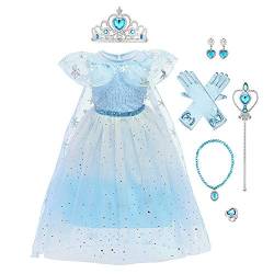 IWEMEK Elsa-Kostüm für Mädchen, mit Zubehör, Prinzessin, Verkleidung, Cosplay, Eis, Schnee, Königin, Kinder, Halloween, Party, Weihnachten, Karneval, Kostüme, Blue 01 Set, 4-5 Jahre von IWEMEK