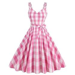 IWEMEK Frauen Vintage 1950er Rosa Gingham Kleid Spaghettiträger Pinup Kleider 50er Jahre Kostüm Cosplay Party Halloween Rockabilly Kleid, Pink-Riemen, Klein von IWEMEK