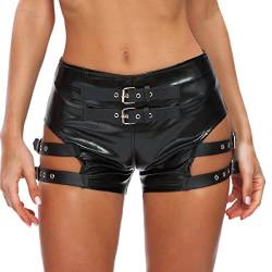 IWEMEK Kurze Lederhose Damen Schwarz High Waist PU Ledershorts Rave Pole Dance Booty Shorts Party Outfit Nachtclub Gothic Kurze Hose Lackhose Hotpants Sexy Clubwear Schwarz 02 L von IWEMEK