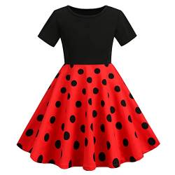 IWEMEK Mädchen 50er Jahre Kleider 1950er Vintage Polka Dots Hepburn Stil Rockabilly Kleid Festliches Partykleid Abendkleider Kommunionkleid Hochzeitskleider Sommerkleid Kurzarm - Rot 7-8 Jahre von IWEMEK