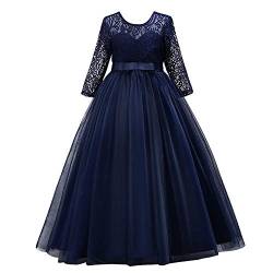 IWEMEK Mädchen Blumenmädchen Hochzeitskleid 3/4 Langarm Spitzenkleid Tüllkleid Prinzessin Erste Kommunionskleider Weihnachten Karneval Festzug Abendkleid Partykleid mit Bowknot Marineblau 7-8 von IWEMEK