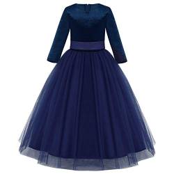 IWEMEK Mädchen Brautjungfer Kleider Blumenmädchen Hochzeitskleid Kommunionskleid Maxi Lange Samt Tulle 3/4 Ärmel Prinzessinkleid Partykleid Geburtstagstag Abendkleid Ballkleid #A: Navy blau 11-12 von IWEMEK