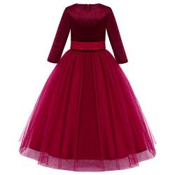 IWEMEK Mädchen Brautjungfer Kleider Blumenmädchen Hochzeitskleid Kommunionskleid Maxi Lange Samt Tulle 3/4 Ärmel Prinzessinkleid Partykleid Geburtstagstag Abendkleid Ballkleid #A: Weinrot 11-12 von IWEMEK