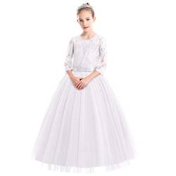 IWEMEK Mädchen Kinder 3/4 Arm Spitze Tüll Hochzeit Kleid Prinzessin Festzug Kleider Erstkommunion Kleid Stickerei Weihnachten Karneval Abschlussball Ballkleid Schatz Hals Weiß von IWEMEK