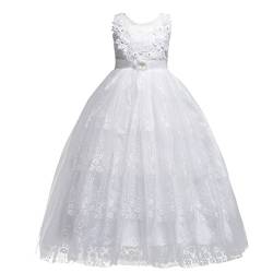 IWEMEK Mädchen Kinder Mit Kleider Blumenmädchenkleider Hochzeitskleid Maxikleid Festlich Brautjungfern Kleid Prinzessin Hochzeit Abendkleid Party Maxi Kleid Gestickt Festzug Cocktailkleid Weiß 5-6 von IWEMEK