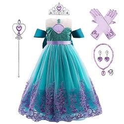 IWEMEK Mädchen Kleine Meerjungfrau Arielle Kostüm Fischfreunde Prinzessin Kleid mit Zubehör für Kinder Feen, Cosplay Halloween Karneval Verkleidung Partykleider, Grünes Set, 6-7 Jahre von IWEMEK