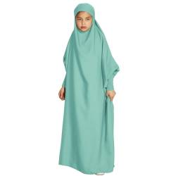 IWEMEK Mädchen Muslimische Kleid Einteiliges Kaftan Abaya Mit Hijab Satin Fledermausärmel Maxikleid Gebetskleid Jilbab Ramadan Arabische Islamisches Gebetskleidung Für Kinder Hellgrün 11-12 Jahre von IWEMEK