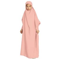 IWEMEK Mädchen Muslimische Kleid Einteiliges Kaftan Abaya Mit Hijab Satin Fledermausärmel Maxikleid Gebetskleid Jilbab Ramadan Arabische Islamisches Gebetskleidung Für Kinder Rosa 6-7 Jahre von IWEMEK