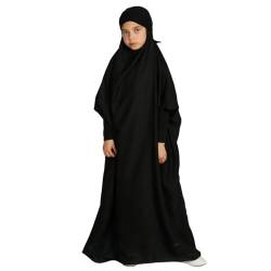 IWEMEK Mädchen Muslimische Kleid Einteiliges Kaftan Abaya Mit Hijab Satin Fledermausärmel Maxikleid Gebetskleid Jilbab Ramadan Arabische Islamisches Gebetskleidung Für Kinder Schwarz 12-13 Jahre von IWEMEK
